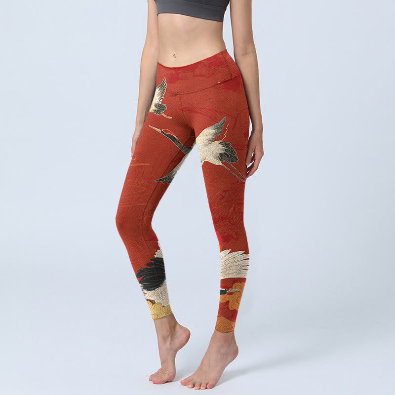 Nimara Ritual Crane Print Lycra Fabric Fitness Leggings Women's Yoga Pants