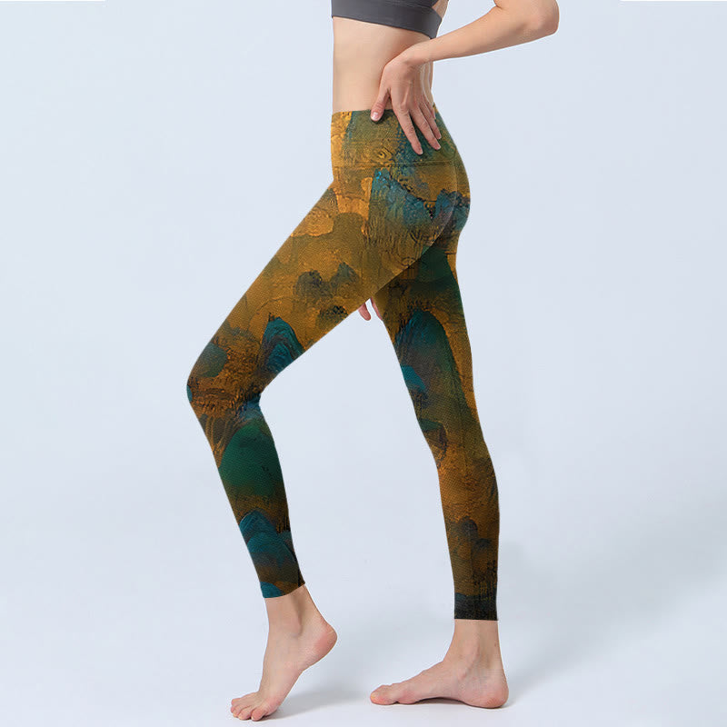 Nimara Ritual Dark Goldenrod Mountain Print Fitness Leggings Women's Yoga Pants