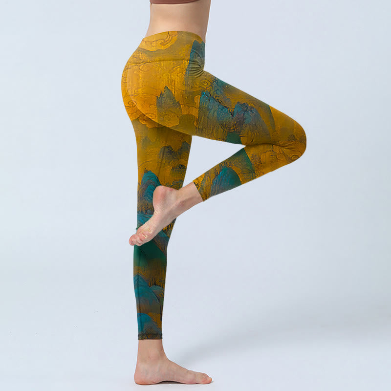 Nimara Ritual Dark Goldenrod Mountain Print Fitness Leggings Women's Yoga Pants
