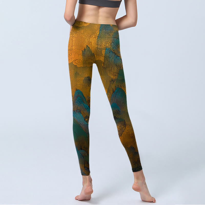 Nimara Ritual Dark Goldenrod Mountain Print Fitness Leggings Women's Yoga Pants