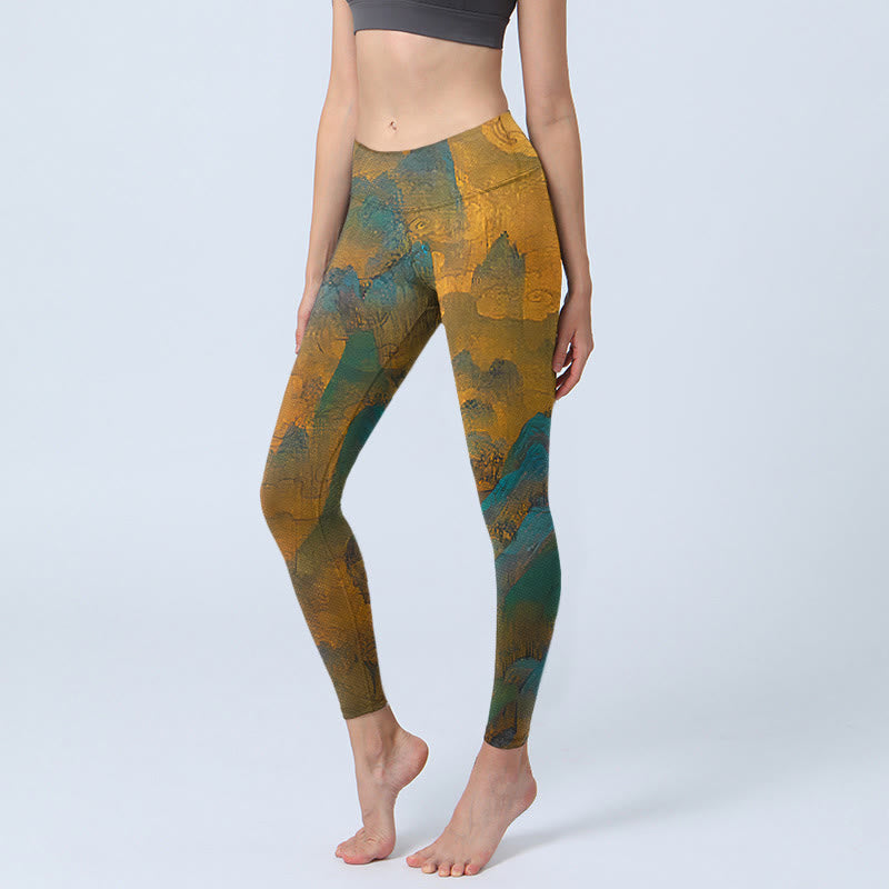 Nimara Ritual Dark Goldenrod Mountain Print Fitness Leggings Women's Yoga Pants
