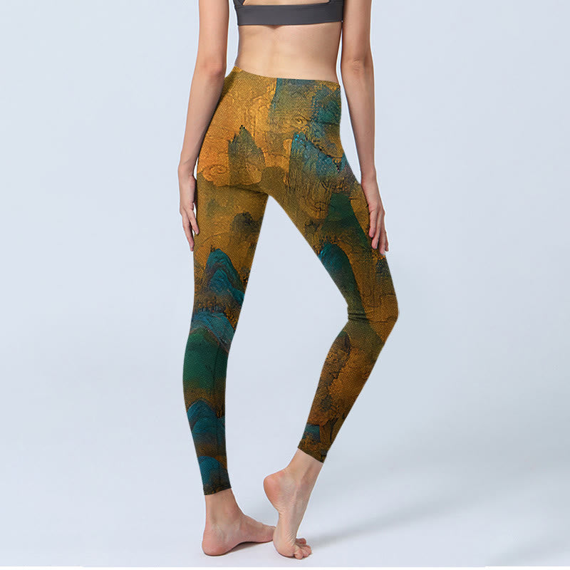 Nimara Ritual Dark Goldenrod Mountain Print Fitness Leggings Women's Yoga Pants