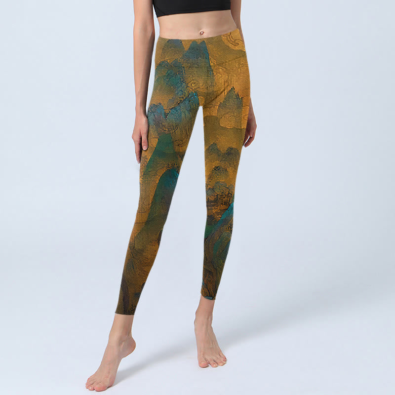 Nimara Ritual Dark Goldenrod Mountain Print Fitness Leggings Women's Yoga Pants