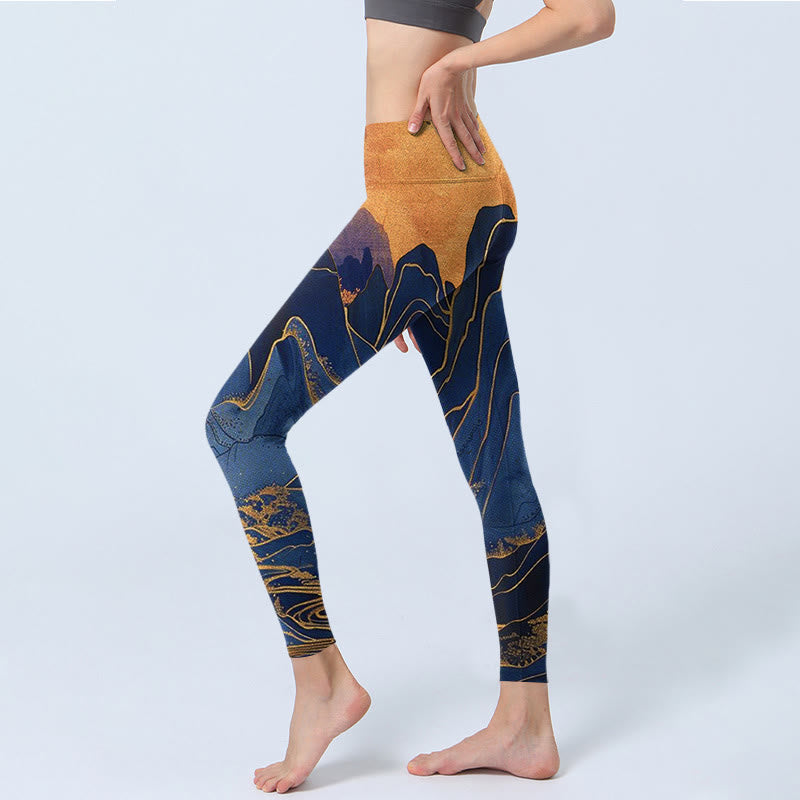 Nimara Ritual Dark Blue Mountain Sunset Print Fitness Leggings Women's Yoga Pants