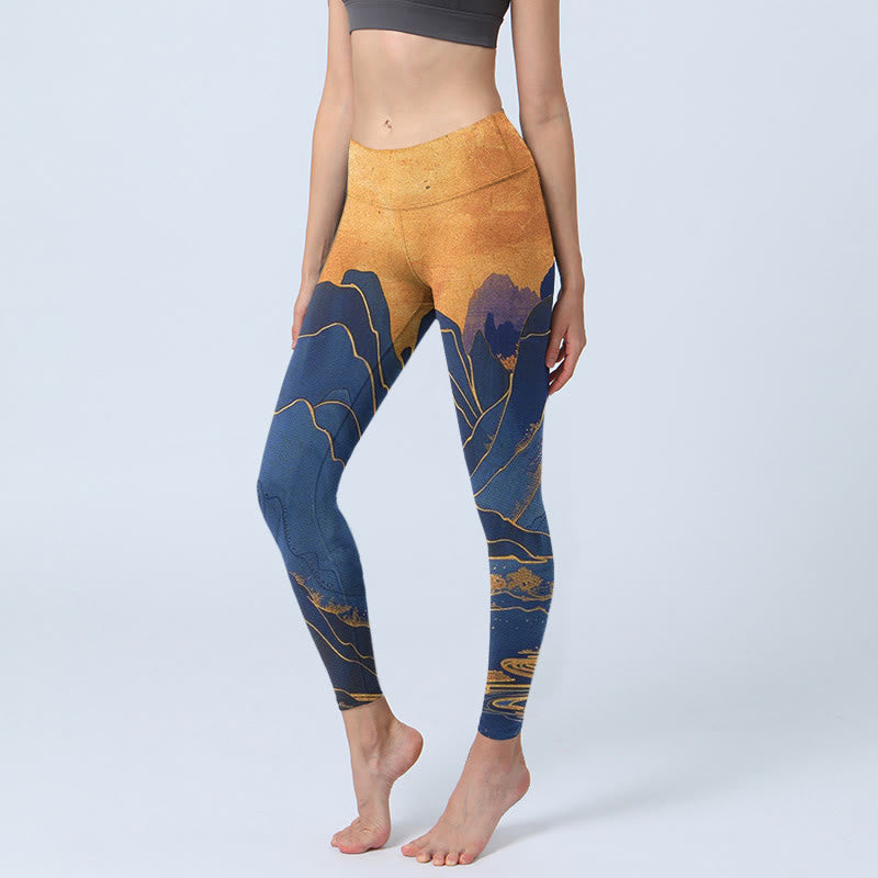 Nimara Ritual Dark Blue Mountain Sunset Print Fitness Leggings Women's Yoga Pants
