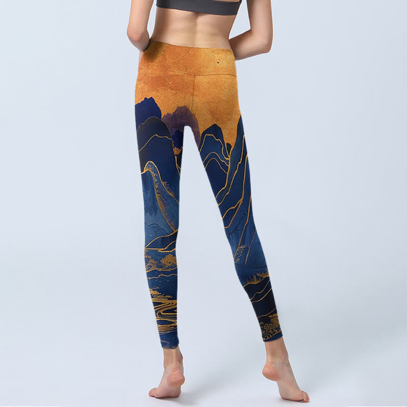 Nimara Ritual Dark Blue Mountain Sunset Print Fitness Leggings Women's Yoga Pants
