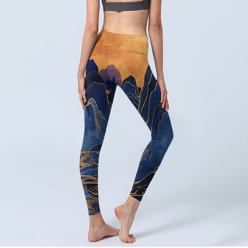 Nimara Ritual Dark Blue Mountain Sunset Print Fitness Leggings Women's Yoga Pants