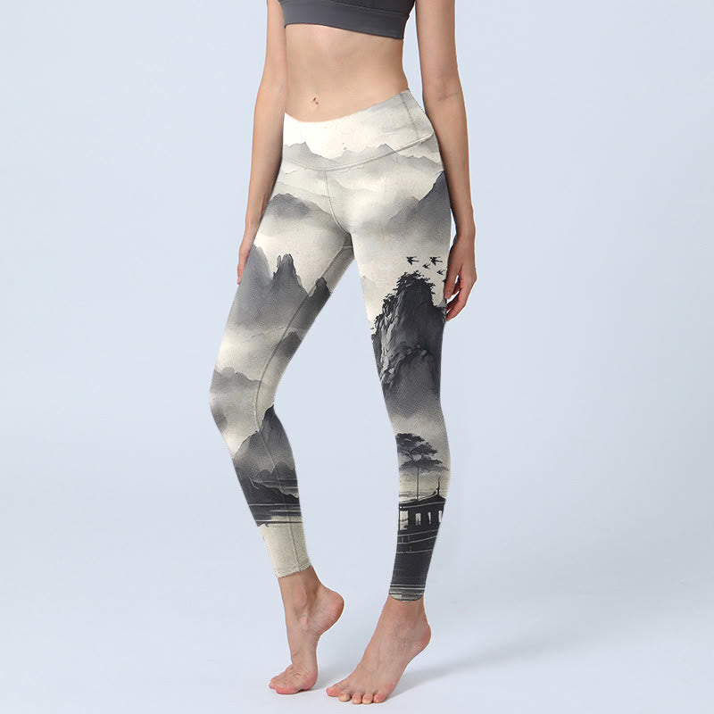Nimara Ritual Splash-ink Landscape Painting Print Fitness Leggings Women's Yoga Pants