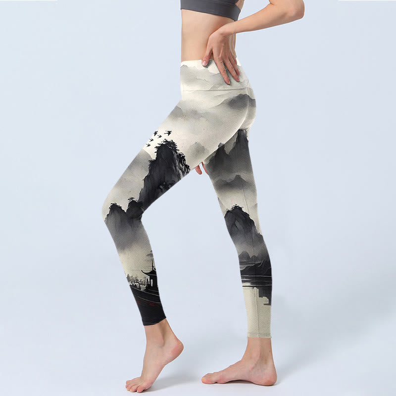 Nimara Ritual Splash-ink Landscape Painting Print Fitness Leggings Women's Yoga Pants