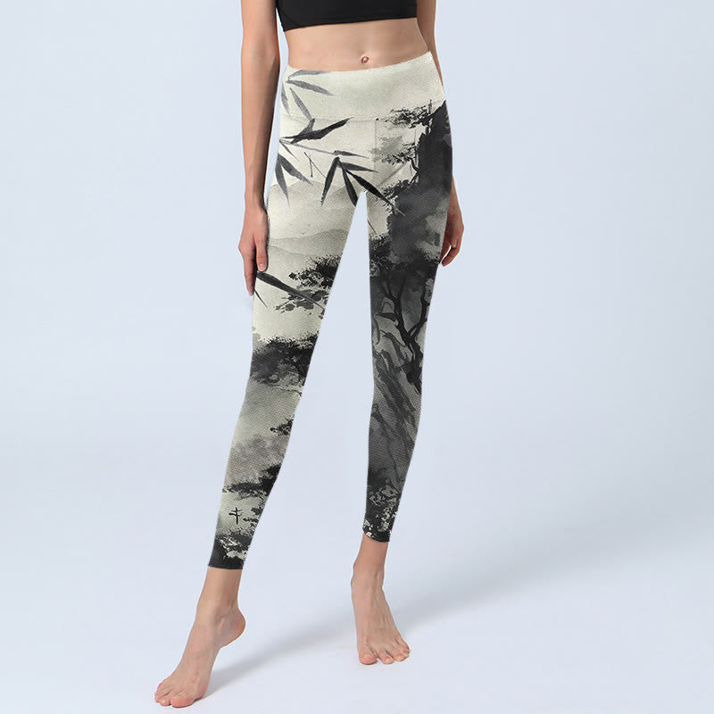 Nimara Ritual Ink Bamboo Pine Mountains Print Gym Leggings Women's Yoga Pants