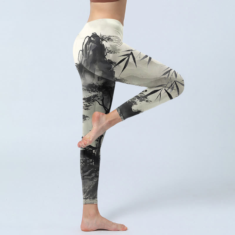 Nimara Ritual Ink Bamboo Pine Mountains Print Gym Leggings Women's Yoga Pants