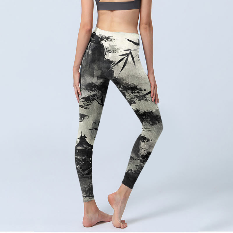 Nimara Ritual Ink Bamboo Pine Mountains Print Gym Leggings Women's Yoga Pants