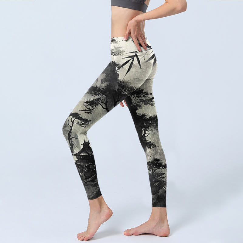 Nimara Ritual Ink Bamboo Pine Mountains Print Gym Leggings Women's Yoga Pants