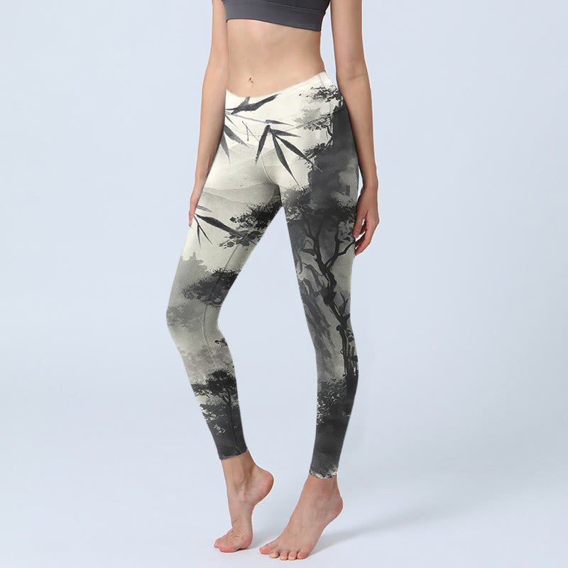 Nimara Ritual Ink Bamboo Pine Mountains Print Gym Leggings Women's Yoga Pants
