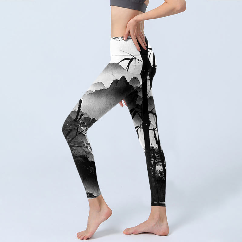 Nimara Ritual Ink Painting Bamboo Pine Mountain Scenery Print Gym Leggings Women's Yoga Pants