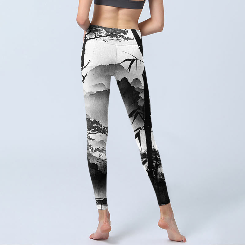 Nimara Ritual Ink Painting Bamboo Pine Mountain Scenery Print Gym Leggings Women's Yoga Pants