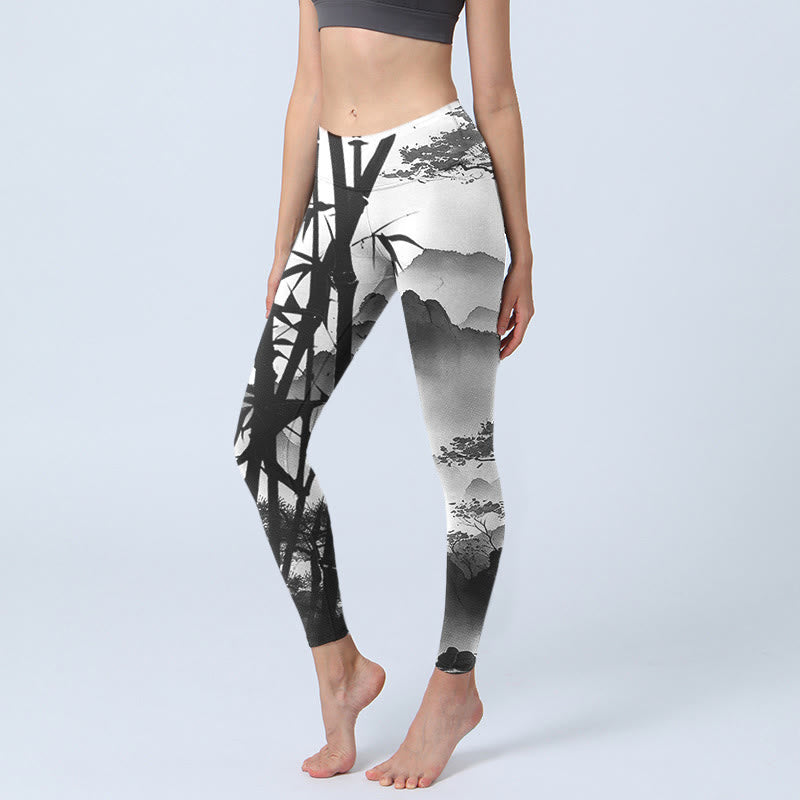 Nimara Ritual Ink Painting Bamboo Pine Mountain Scenery Print Gym Leggings Women's Yoga Pants