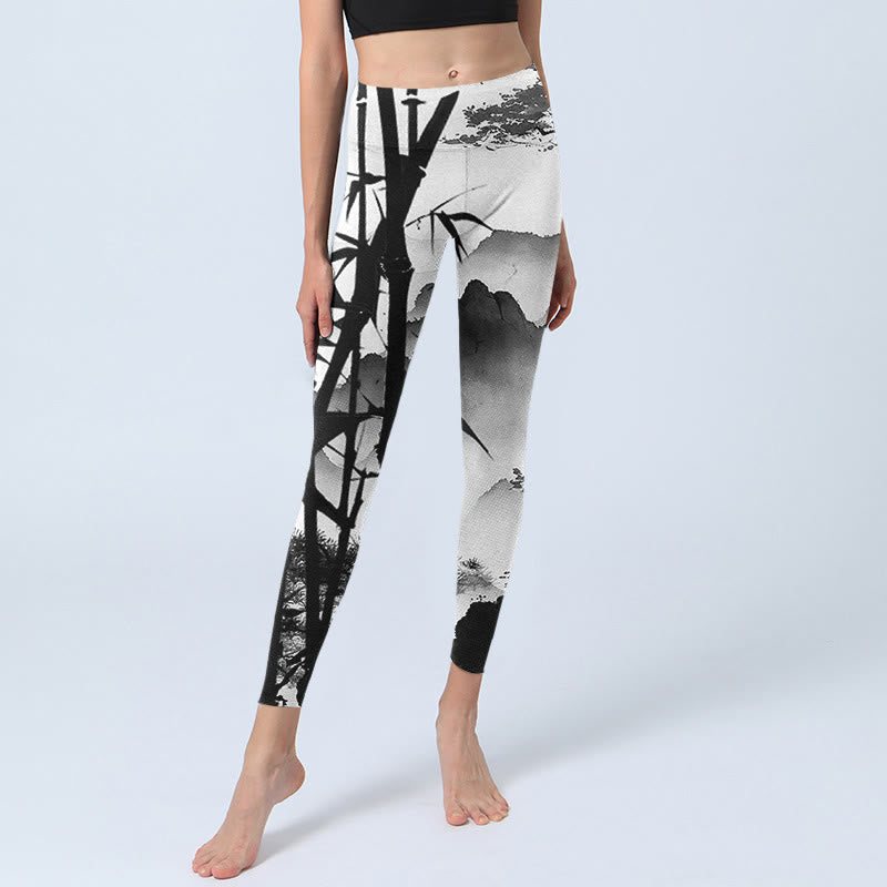 Nimara Ritual Ink Painting Bamboo Pine Mountain Scenery Print Gym Leggings Women's Yoga Pants