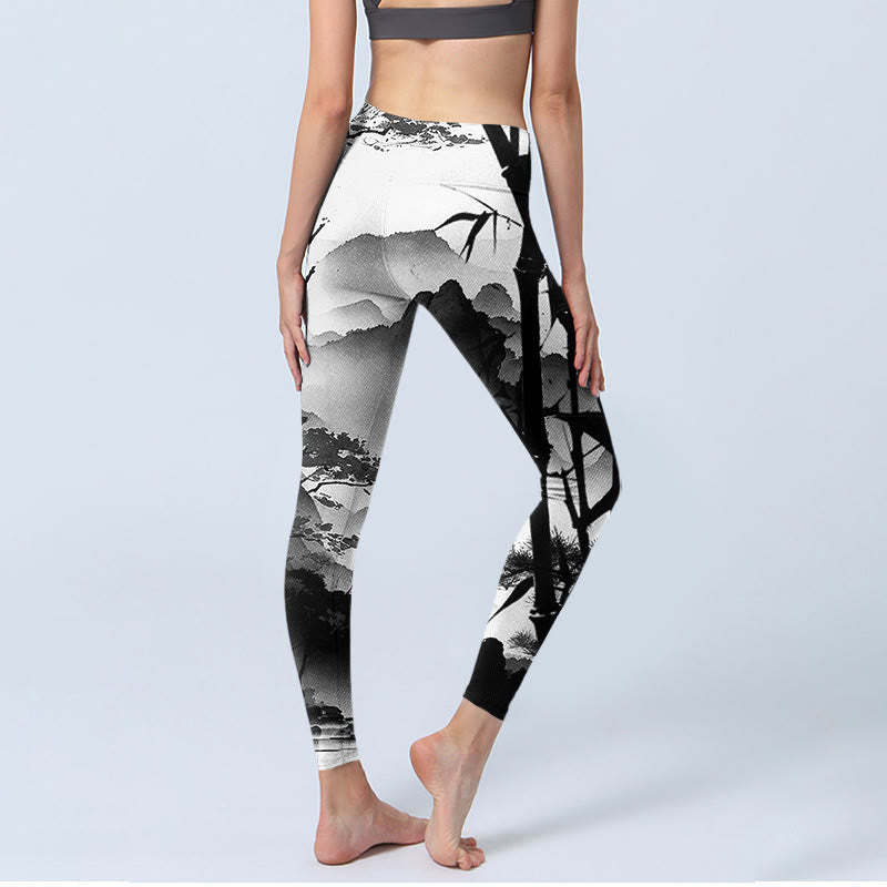 Nimara Ritual Ink Painting Bamboo Pine Mountain Scenery Print Gym Leggings Women's Yoga Pants