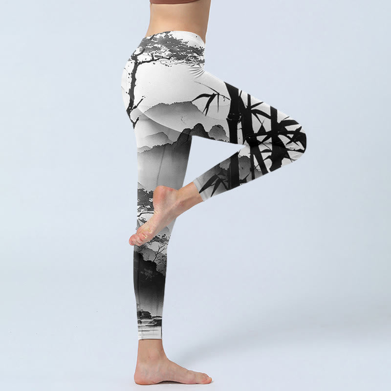 Nimara Ritual Ink Painting Bamboo Pine Mountain Scenery Print Gym Leggings Women's Yoga Pants