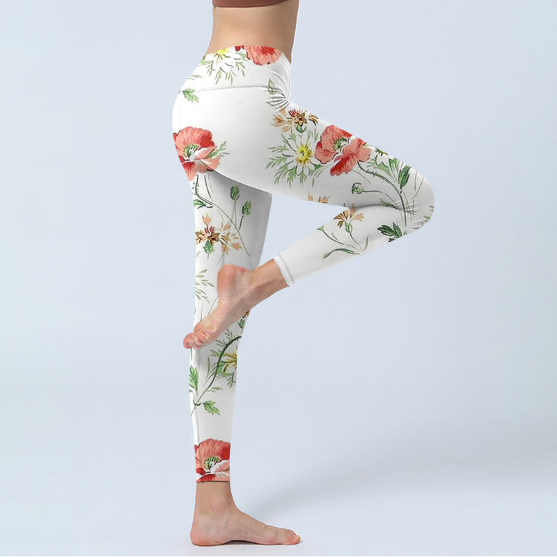 Nimara Ritual White Daisy Red Flower Print Sports Leggings Women's Yoga Pants