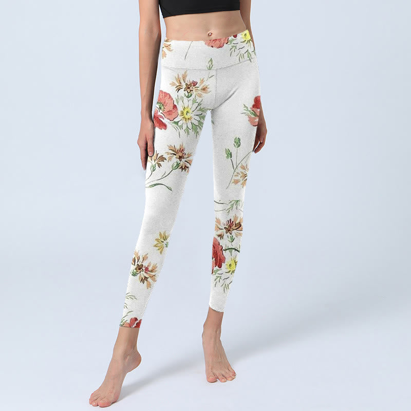 Nimara Ritual White Daisy Red Flower Print Sports Leggings Women's Yoga Pants