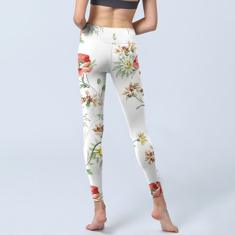 Nimara Ritual White Daisy Red Flower Print Sports Leggings Women's Yoga Pants