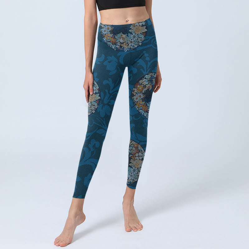 Nimara Ritual Dark Blue Flowers In Bloom Print Sports Leggings Women's Yoga Pants