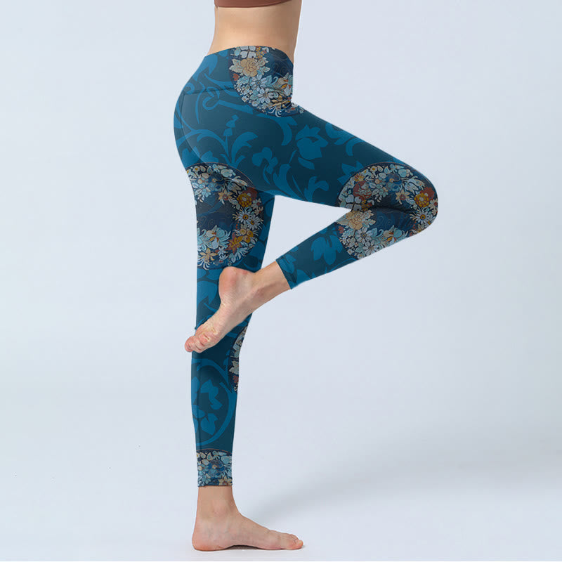 Nimara Ritual Dark Blue Flowers In Bloom Print Sports Leggings Women's Yoga Pants