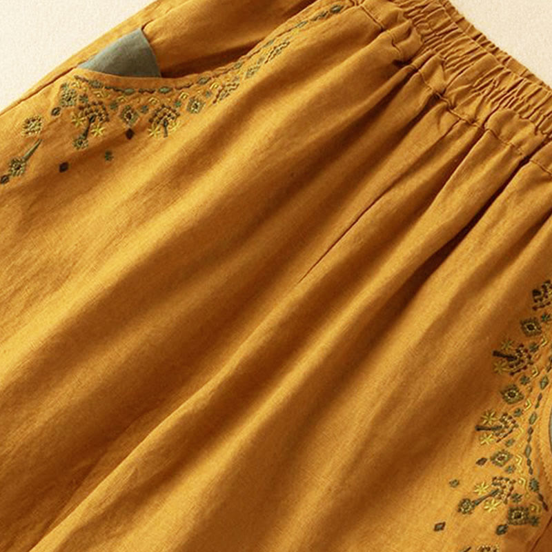 Nimara Ritual Vintage Embroidery Elastic Waist Capri Harem Pants With Pockets