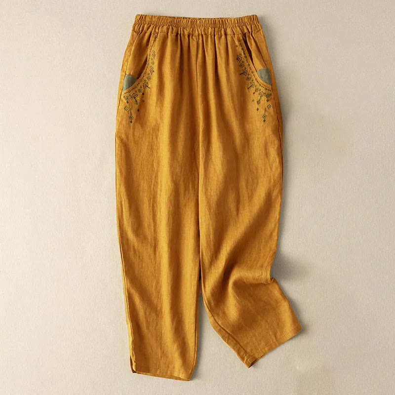 Nimara Ritual Vintage Embroidery Elastic Waist Capri Harem Pants With Pockets