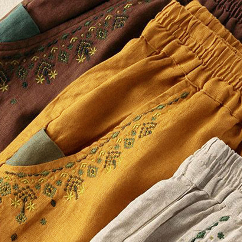 Nimara Ritual Vintage Embroidery Elastic Waist Capri Harem Pants With Pockets