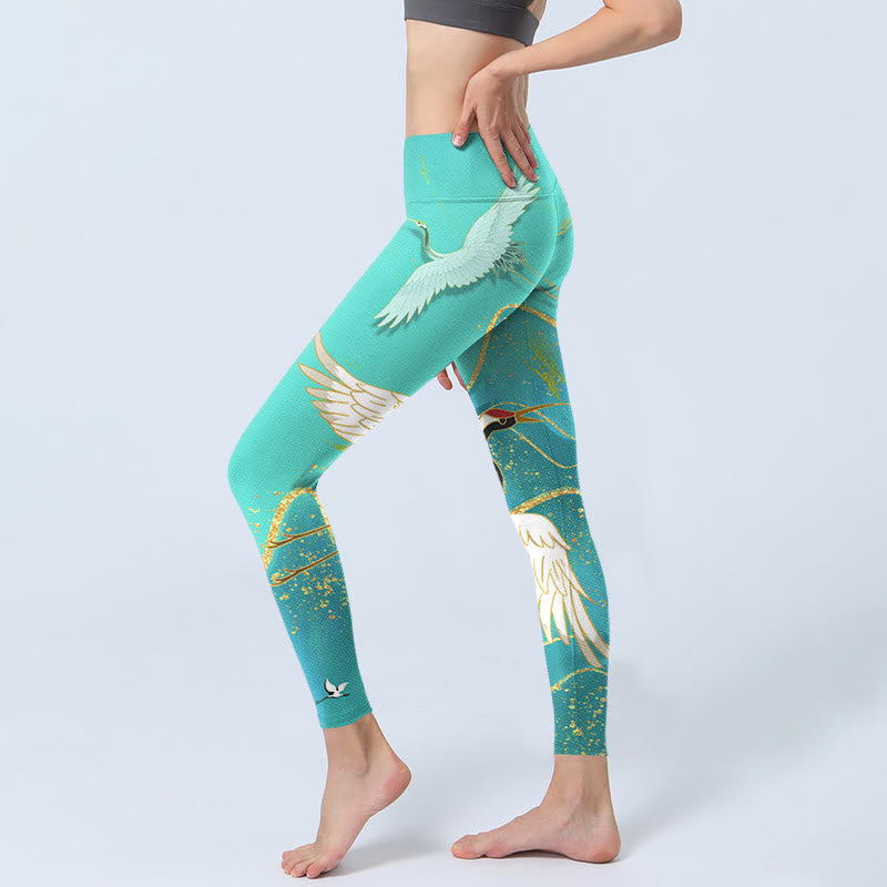 Nimara Ritual Mint Green Mountain Crane Print Fitness Leggings Women's Yoga Pants