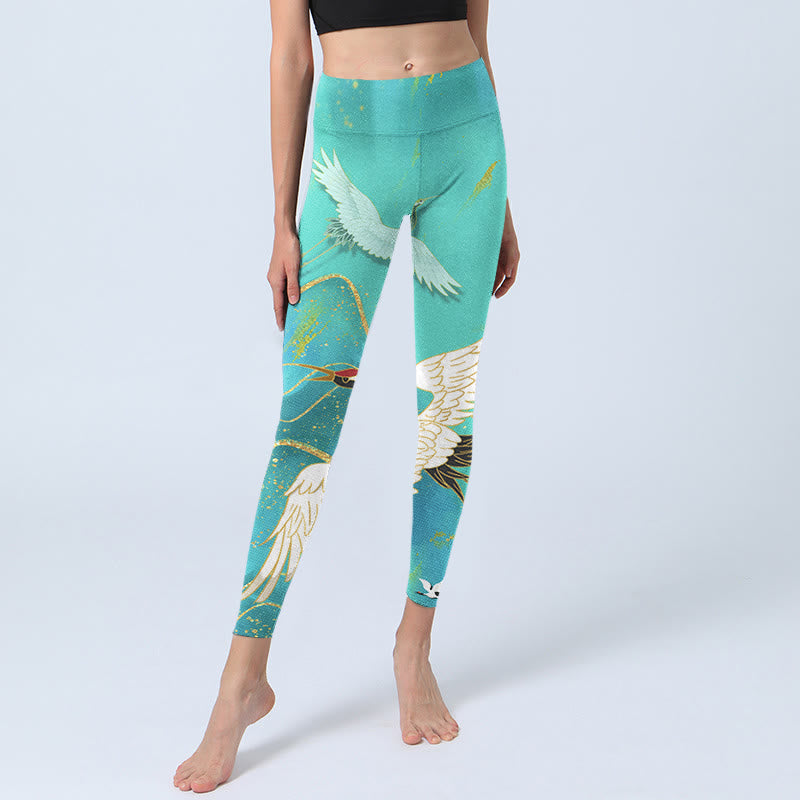 Nimara Ritual Mint Green Mountain Crane Print Fitness Leggings Women's Yoga Pants