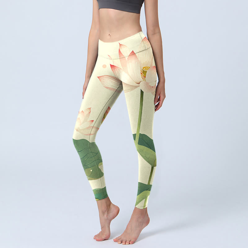 Nimara Ritual Lotus Flower Leaf Dragonfly Print Fitness Leggings Women's Yoga Pants