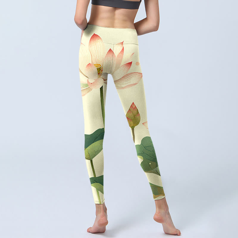 Nimara Ritual Lotus Flower Leaf Dragonfly Print Fitness Leggings Women's Yoga Pants