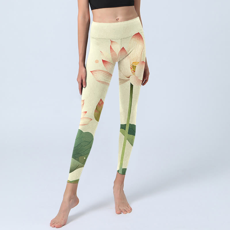 Nimara Ritual Lotus Flower Leaf Dragonfly Print Fitness Leggings Women's Yoga Pants