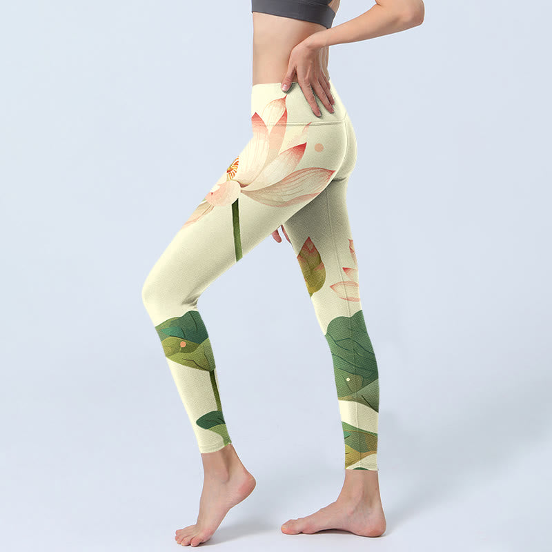 Nimara Ritual Lotus Flower Leaf Dragonfly Print Fitness Leggings Women's Yoga Pants