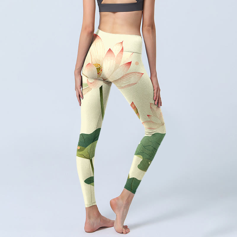 Nimara Ritual Lotus Flower Leaf Dragonfly Print Fitness Leggings Women's Yoga Pants