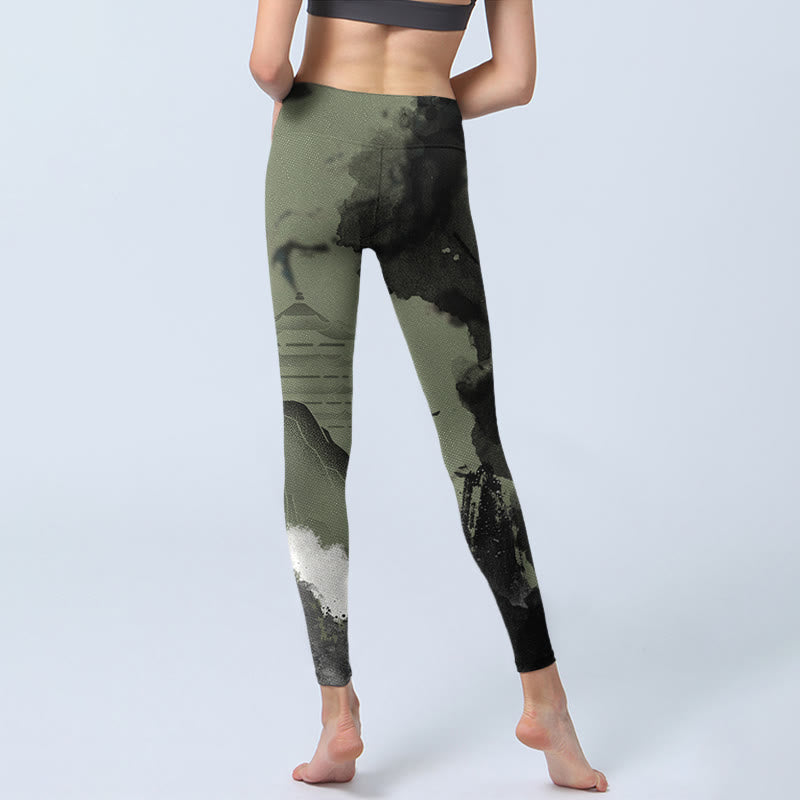 Nimara Ritual Ink Painting Mountain Pavilion Print Fitness Leggings Women's Yoga Pants