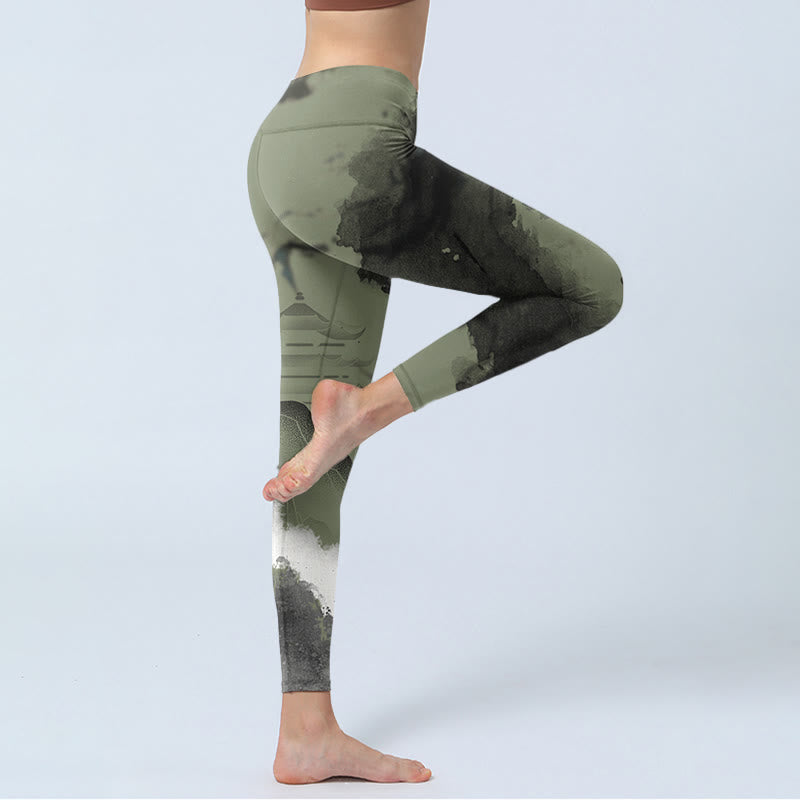 Nimara Ritual Ink Painting Mountain Pavilion Print Fitness Leggings Women's Yoga Pants