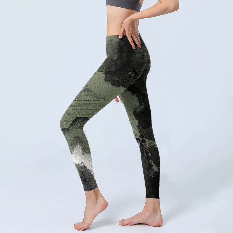 Nimara Ritual Ink Painting Mountain Pavilion Print Fitness Leggings Women's Yoga Pants