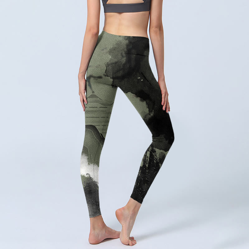 Nimara Ritual Ink Painting Mountain Pavilion Print Fitness Leggings Women's Yoga Pants