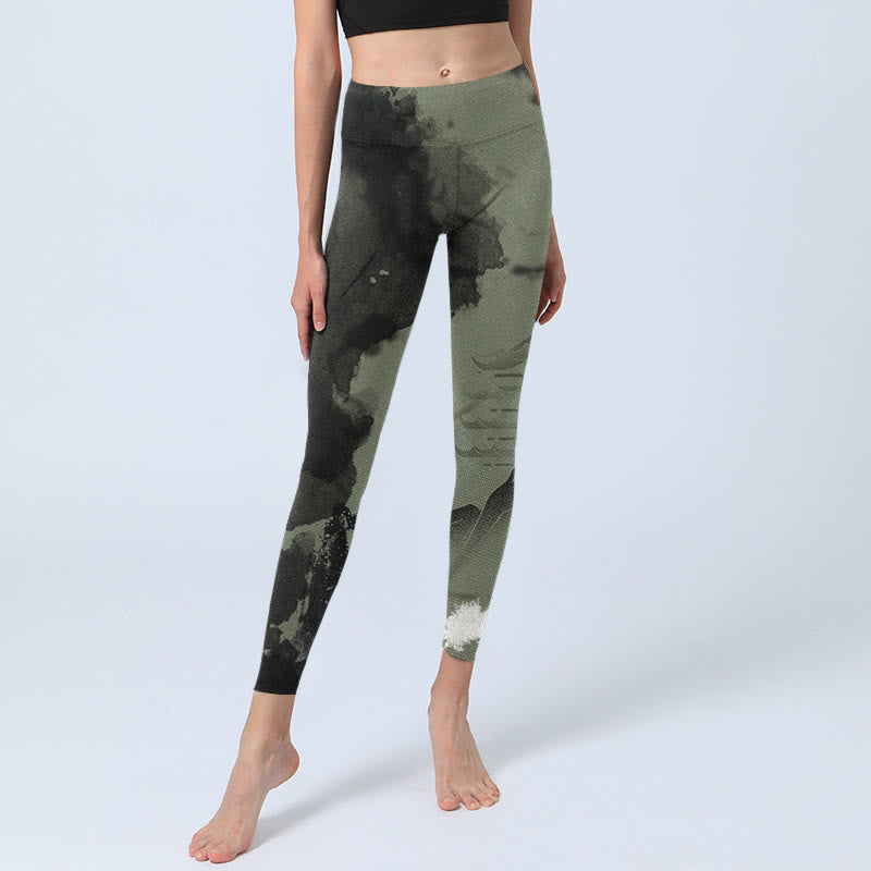 Nimara Ritual Ink Painting Mountain Pavilion Print Fitness Leggings Women's Yoga Pants
