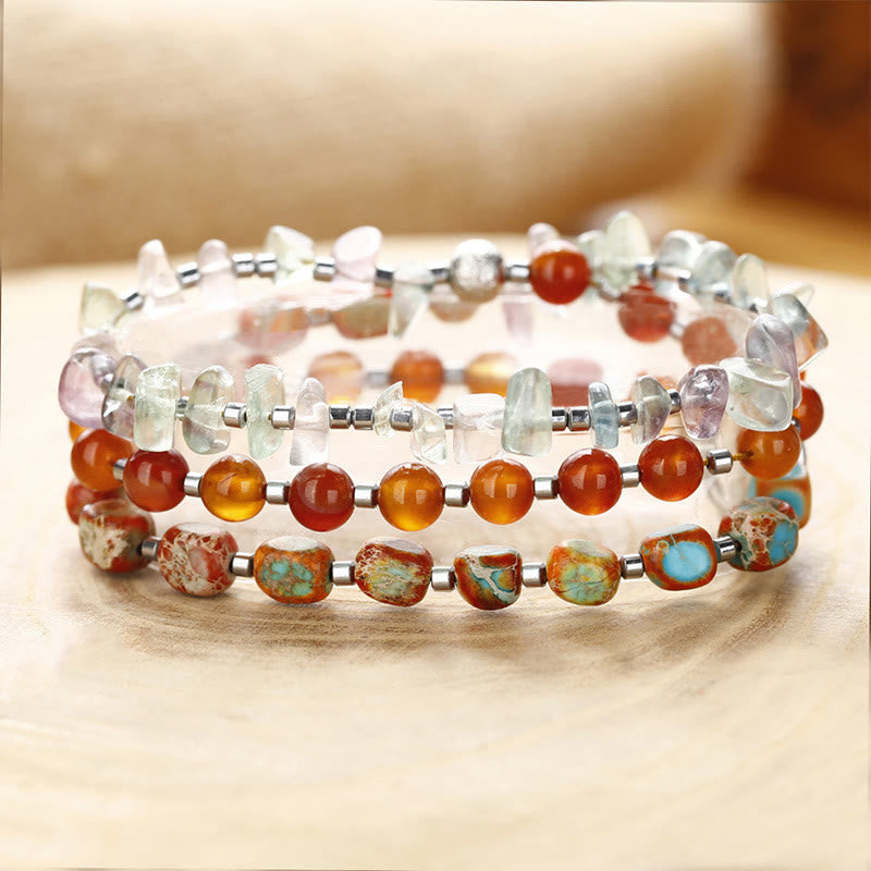 Nimara Ritual Fluorite Red Agate Emperor Stone Power Triple Wrap Bracelet