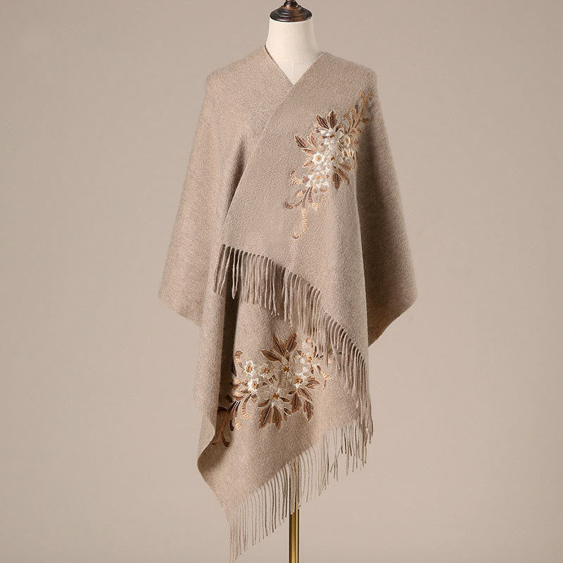 Nimara Ritual Wool Shawl Begonia Embroidery Tassel Winter Cozy Travel Scarf Wrap