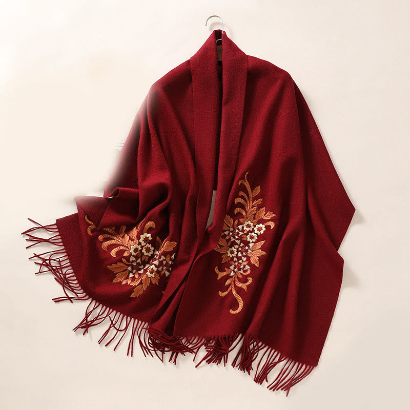 Nimara Ritual Wool Shawl Begonia Embroidery Tassel Winter Cozy Travel Scarf Wrap