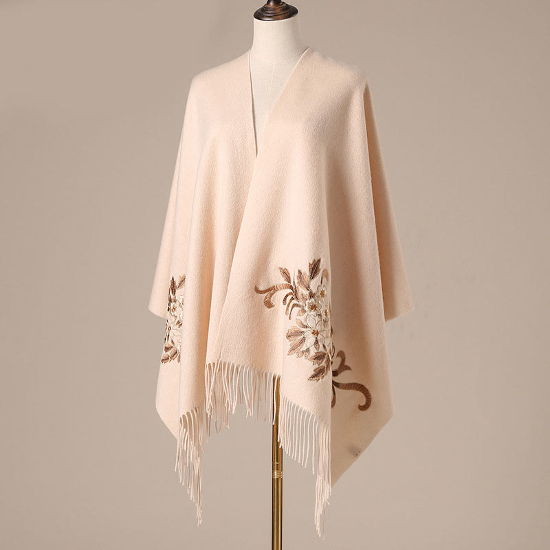 Nimara Ritual Wool Shawl Begonia Embroidery Tassel Winter Cozy Travel Scarf Wrap