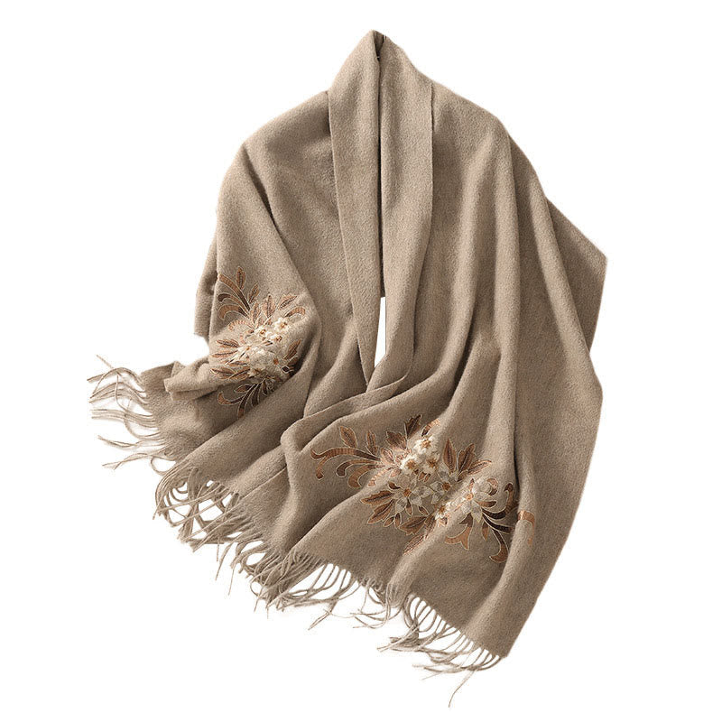 Nimara Ritual Wool Shawl Begonia Embroidery Tassel Winter Cozy Travel Scarf Wrap