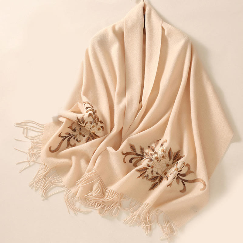 Nimara Ritual Wool Shawl Begonia Embroidery Tassel Winter Cozy Travel Scarf Wrap